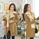冬季新款韩版拼接羊毛呢子修身保暖时尚外套大翻领中长款大衣女装