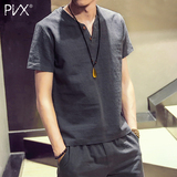 夏季男士短袖t恤衫韩版修身青年纯色圆领亚麻棉麻半袖青春T恤潮