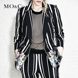 2015春装新款MOCo花卉条纹拼接翻领修身中长款西装外套MA151COT43