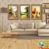 风景油画四季山水纯手绘欧式三联幅装饰画客厅沙发背景墙有框挂画