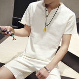 中国风夏季亚麻T恤男短袖衬衫修身圆领纯色简约日系棉麻料衬衣潮