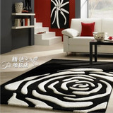 客厅茶几卧室纯手工羊毛混纺地毯 欧美抽象黑白玫瑰花长方形定制