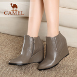 Camel骆驼女靴 时尚优雅短筒女鞋 真皮拼接松紧带尖头坡跟短靴