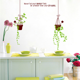 可移除墙贴纸贴画客厅墙壁装饰彩色自然绿色花篮吊兰房顶创意英文