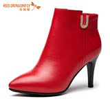 红蜻蜓女鞋 2015冬季新款时尚欧美短靴细高跟鞋保暖女靴子女棉鞋