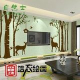 自然士现代艺术立体纤维墙衣绘画大森林麋鹿树枝树叶墙贴大型壁画
