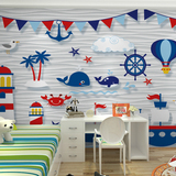 卡通可爱地中海儿童房客厅卧室背景墙壁纸蓝色男女孩城堡大型壁画