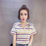 2016韩版新款短袖条纹T恤夏季女装宽松原宿学生体恤打底衫上衣潮