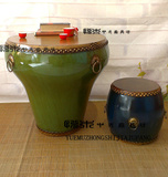 仿古鼓茶几 中式花瓶鼓茶桌牛皮复古做旧中南亚绿色红彩绘