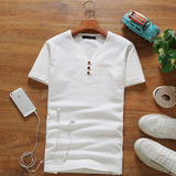 夏季亚麻男士短袖T恤韩版宽松大码衬衫薄款套头V领体恤休闲衫