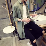 2016春季新款韩版男士长款棉麻长袖衬衫中长款简约纯色衬衣小外套