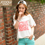 韩国夏季卡通印花中袖学生宽松短袖t恤女纯棉中长款五分半袖上衣