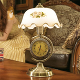 美式台灯卧室床头灯复古中式带钟表可调光装饰玻璃客厅老上海