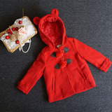 宝宝冬装女童外贸呢子外套可爱连帽圣诞新年童装红大衣夹棉厚款