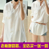 白衬衫女中长款学生韩版宽松全棉寸衫夏季薄款bf风清新立领衬衣