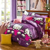 法兰绒冬季保暖床品床单式四件套儿童卡通紫色凯特猫被套正品直销