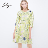 Lily2015春女装手绘欧根纱长袖收腰显瘦圆领连衣裙115120L7118