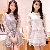 香港代购韩版女装春装新款中长款欧根纱蕾丝雪纺连衣裙长袖打底裙