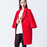 秋冬新款红色显瘦毛呢外套韩版茧型中长款羊毛呢子西装大衣外套女