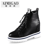 AIMIGAO爱米高秋冬新款 时尚系带内增高休闲短靴粗跟真皮女靴