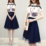 2016夏季新款女装韩版雪纺衬衫连衣裙夏装修身中长款印花套装裙子