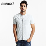 Simwood男装夏季男士休闲条纹纯棉短袖衬衫欧美简约修身立领衬衣