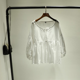 推荐韩国单时尚甜美减龄系带圆领灯笼袖白色棉布娃娃衫套头衬衣女