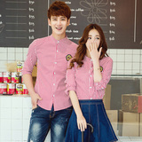 夏装新款韩版情侣装竖条纹七分中袖衬衫男女半袖衬衣加大码工作服