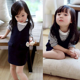 特价 2016春季女童装新款 韩版儿童背带裙+百搭条纹卫衣两件套装