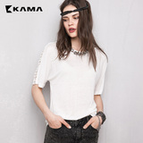 卡玛KAMA 夏季新款女装 舒适透气镂空短袖圆领T恤女 7215589