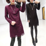 秋冬季新款韩版潮女装加绒加厚蕾丝打底衫中长款长袖t恤小衫上衣