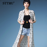 STTMU   2016春夏欧美新款修身印花加长款短袖女士雪纺开衫风衣