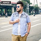 JSMIX大码潮男装男士加肥加大宽松胖子衬衣迷彩印花拼接短袖衬衫