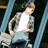 2015韩国拼色格子潮流西装男式新款修身型男小西装男西服秋装外套