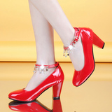 Midst韩国公主扣带高跟婚鞋新娘鞋红色工作鞋圆头漆皮粗跟单鞋