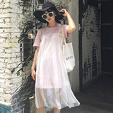 2016夏季韩版女装时尚短袖T恤拼接镂空蕾丝假两件中长款连衣裙潮
