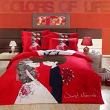纯棉喜庆红色韩式现代动漫枕被套床笠单罩 2米大床青年婚庆四件套