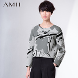 Amii旗舰店2016春装新款女装圆领印花短款大码套头长袖直筒卫衣女