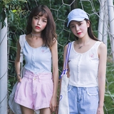 LRUD2016夏季新款韩版单排扣爱心绣花背心女短款露脐针织打底衫