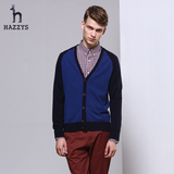 Hazzys哈吉斯2015秋季男士羊毛开衫 英伦修身拼色针织衫毛衣男装