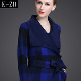 双面羊绒大衣2015新款韩版中长款蓝色格子羊毛大衣修身毛呢外套女