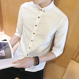 夏季七分袖衬衫男韩版修身型青年纯白色衬衣潮休闲男士上衣服寸衫