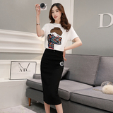 2016春夏季新款时尚套装裙女韩版学院风卡通短袖T恤+包臀裙两件套