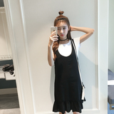 2016夏新款韩版棉麻背带裙U型两件套下摆鱼尾A型修身学院文艺女