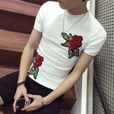 快手红人同款短袖 男女式韩版修身休闲情侣T恤 玫瑰绣花学院风潮