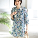 日本代购16夏新女装大码优雅棉100%木耳领印花上衣七分袖衬衫罩衫