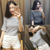 衣服女夏装韩版性感t恤18-24周岁搭配阔腿裤的上衣短款一子领露肩