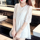 夏季新款显瘦韩版宽松白色镂空蕾丝衫短袖中长款雪纺娃娃衫上衣女