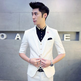 夏季韩版修身发型师时尚中袖小西装新郎伴郎结婚礼服男白色西服