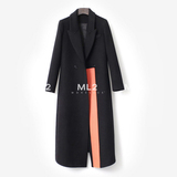 ML2  黑色 别致橘色拼条 小翻领长袖 修身款双面真丝羊绒大衣